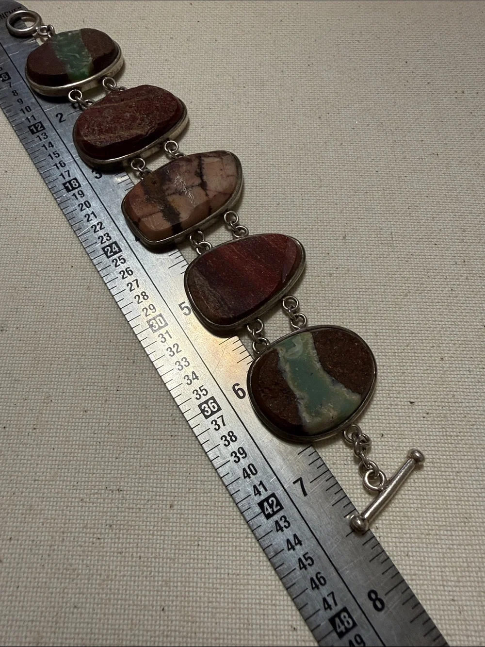 Beautiful Rare Find Sterling Silver 925 Multi-Stone Jasper Link Bracelet 7.5 in